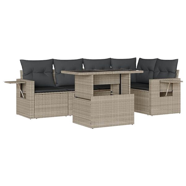 vidaXL 6-delige Loungeset met kussens poly rattan lichtgrijs