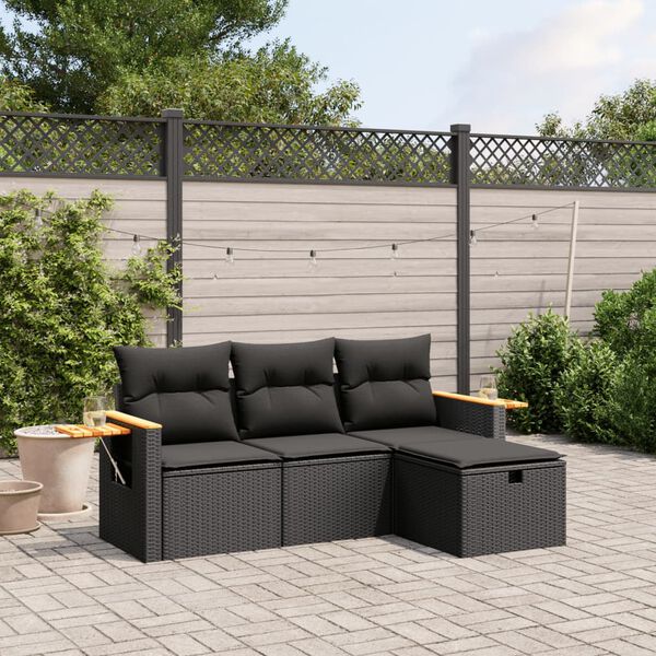 vidaXL 4-delige Loungeset met kussens poly rattan zwart