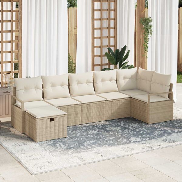 vidaXL Bankstel met kussen met opslag 7 pcs Beige en Cr&egrave;me poly rattan