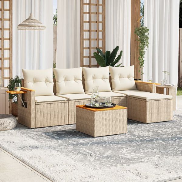 vidaXL 6-delige Loungeset met kussens poly rattan beige