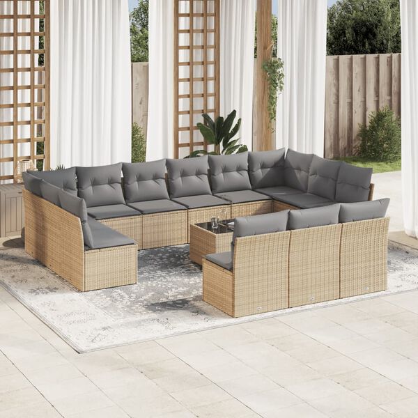 vidaXL 14-delige Loungeset met kussens poly rattan beige
