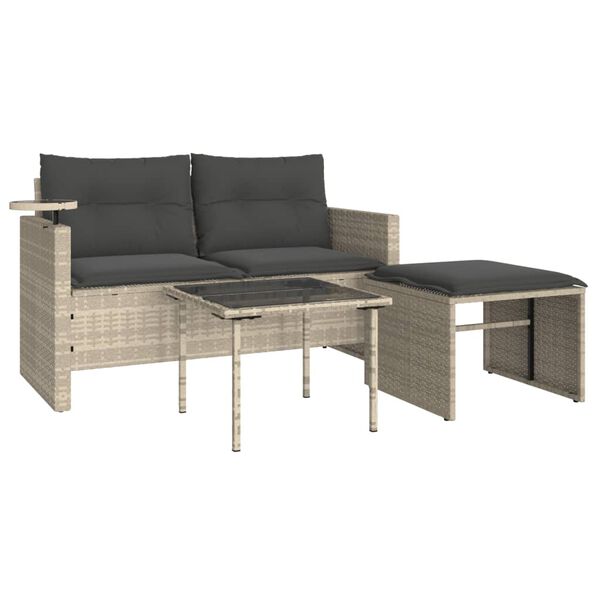 vidaXL 3-delige Loungeset met kussens poly rattan lichtgrijs