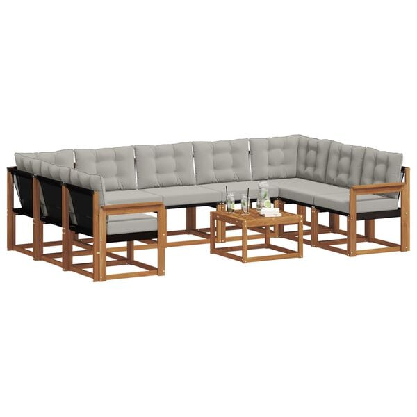 vidaXL Buiten bankenset met kussen 10 pcs Natuurlijk en Lichtgrijs