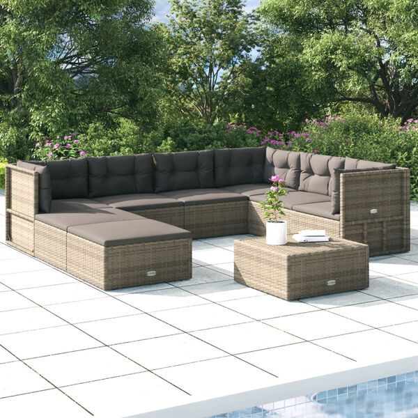 vidaXL 8-delige Loungeset met kussens poly rattan grijs