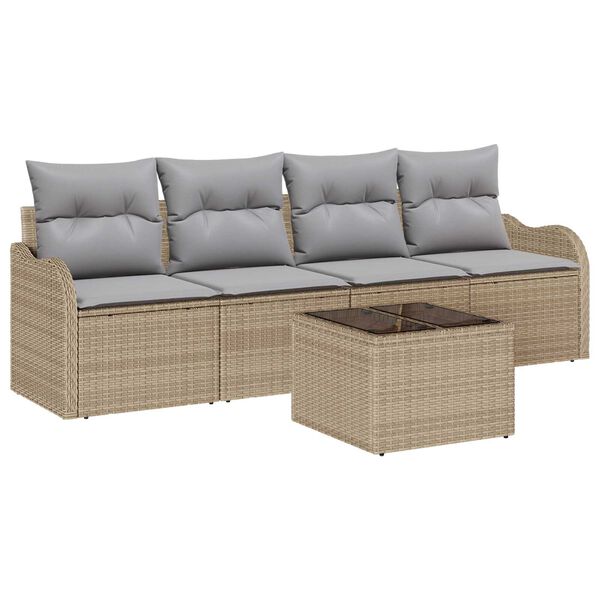 vidaXL Tuin Sofa Set 5 pcs Beige en Grijs Poly rattan, staal en glas