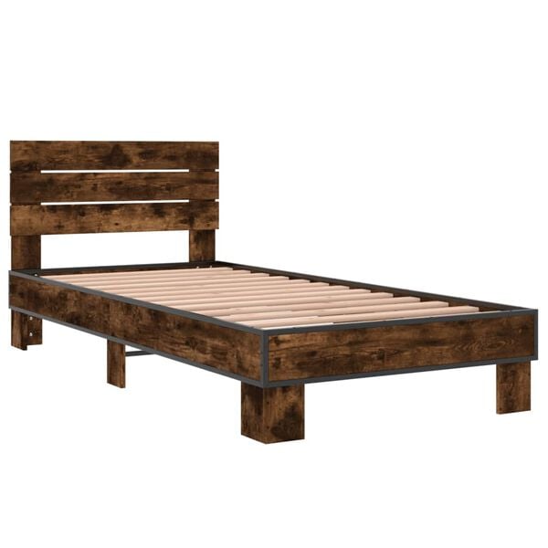 vidaXL Bedframe bewerkt hout en metaal gerookt eikenkleurig 90x200 cm