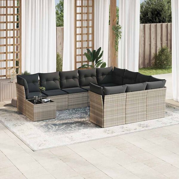 vidaXL 11-delige Loungeset met kussens poly rattan lichtgrijs