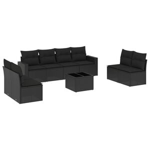 vidaXL 9-delige Loungeset met kussens poly rattan zwart