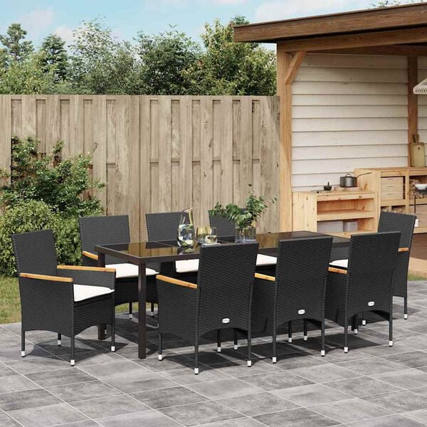 vidaXL Tuin eettafelset met kussen 9 pcs Zwart poly rattan