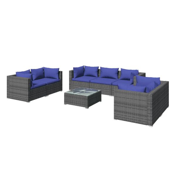 vidaXL 8-delige Loungeset met kussens poly rattan grijs