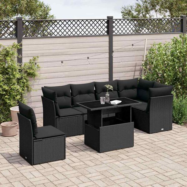 vidaXL 7-delige Loungeset met kussens poly rattan zwart
