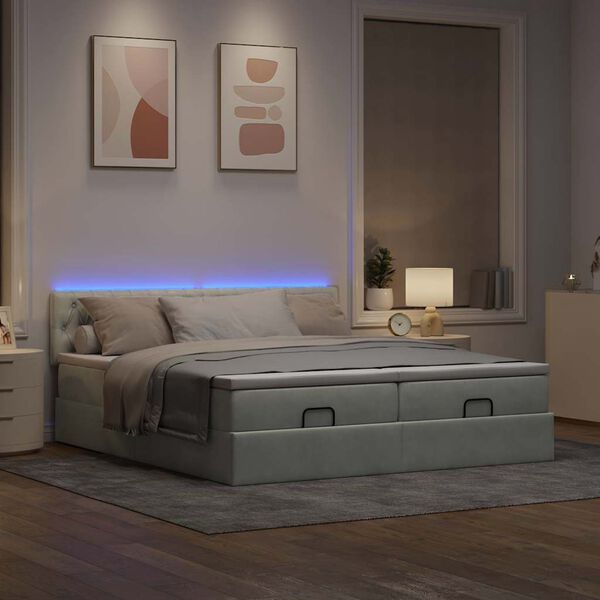 vidaXL Ottoman bed met matrassen en LED's 200x200cm fluweel lichtgrijs