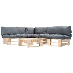 vidaXL 4-delige Loungeset pallet met grijze kussens hout