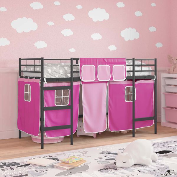 vidaXL Loftbedframe voor Kinderen met Gordijnen Zwart en Roze