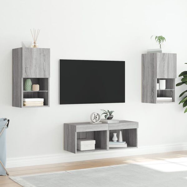vidaXL 4-delige tv-wandmeubelset met LED-verlichting grijs sonoma