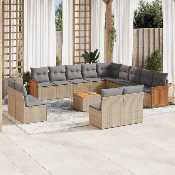 vidaXL 14-delige Loungeset met kussens poly rattan beige