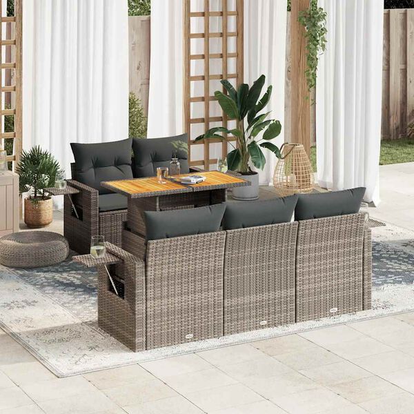 vidaXL 6-delige Loungeset met kussens poly rattan grijs