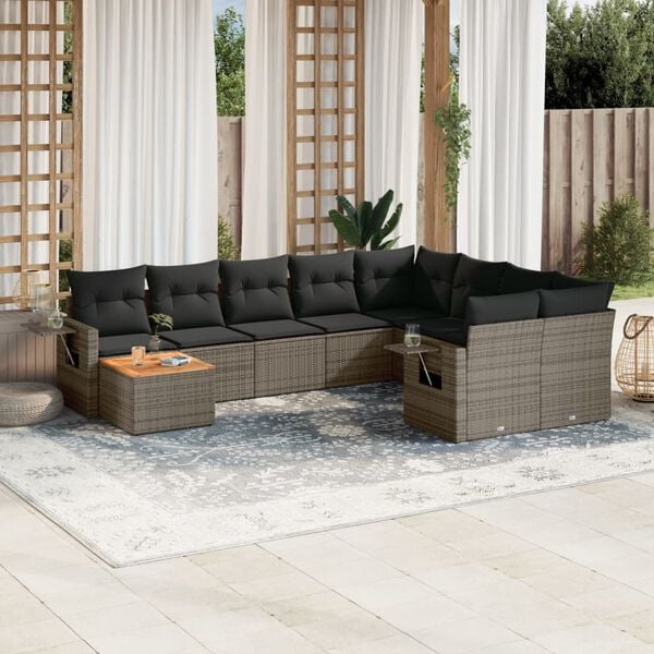 vidaXL 10-delige Loungeset met kussens poly rattan grijs