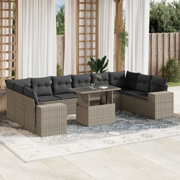 vidaXL 11-delige Loungeset met kussens poly rattan lichtgrijs