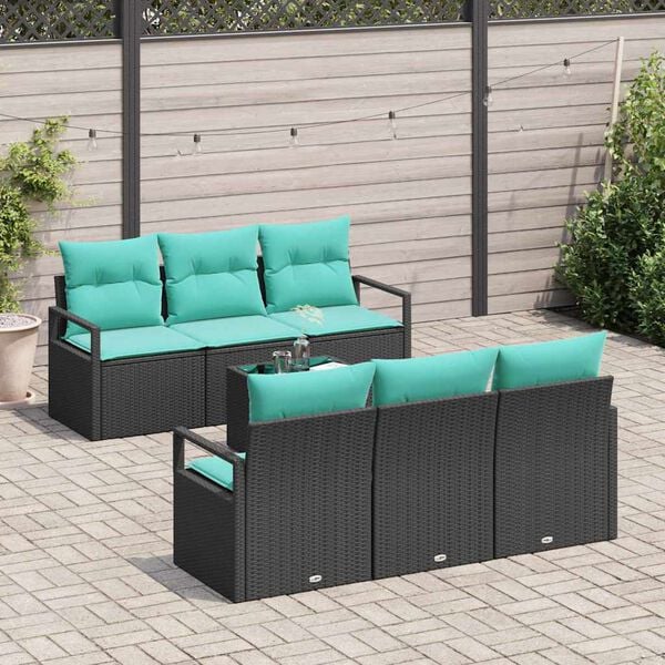vidaXL Bankstel met kussen 7 pcs Zwart en Turquoise poly rattan