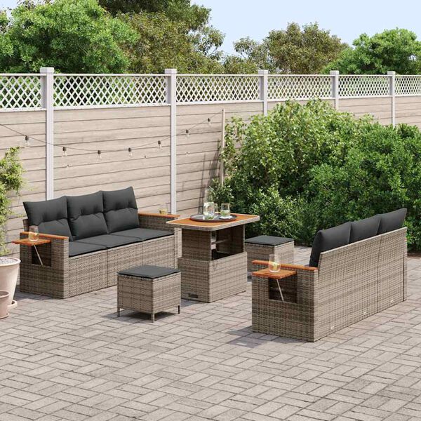 vidaXL Tuinbankenset 9 pcs Grijs Poly rattan en gepoedercoat staal