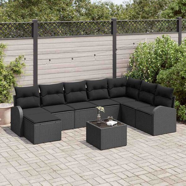 vidaXL Bankstel met kussen met opslag 9 pcs Zwart poly rattan
