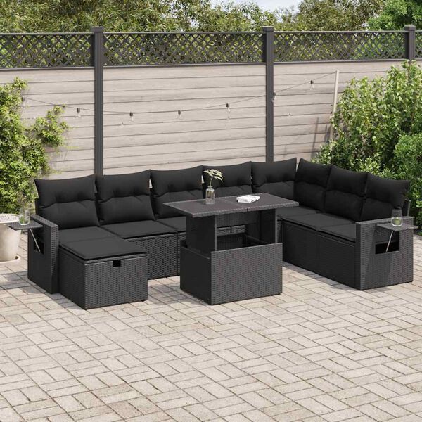 vidaXL 9-delige Loungeset met kussens poly rattan zwart