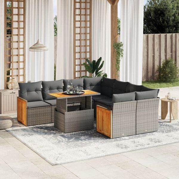 vidaXL 9-delige Loungeset met kussens poly rattan grijs