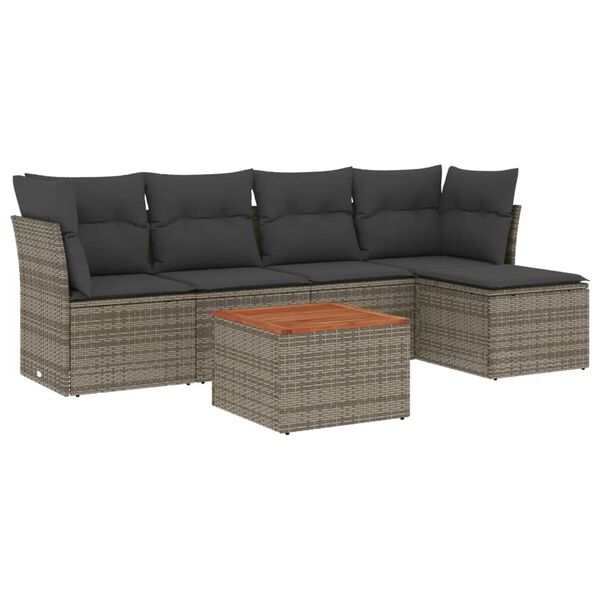 vidaXL 6-delige Loungeset met kussens poly rattan grijs