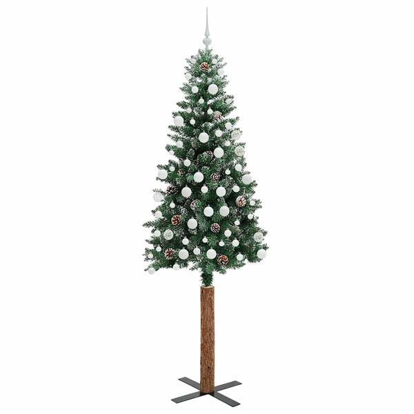 vidaXL Slanke Kerstboom Groen en Wit 210 cm PVC en massief dennenhout