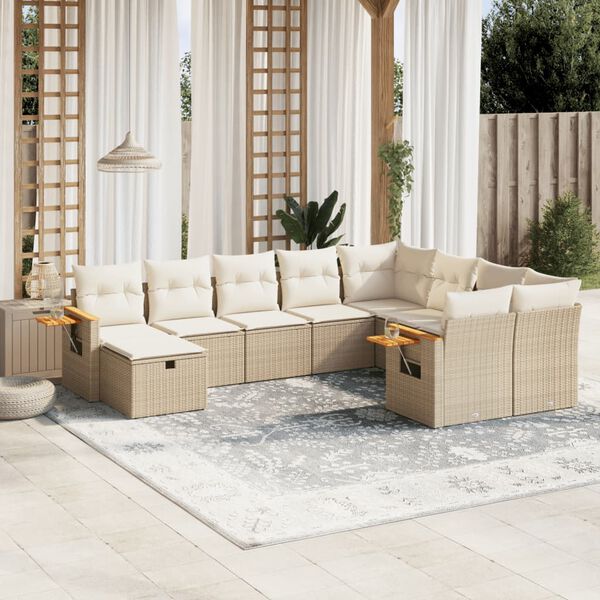 vidaXL 10-delige Loungeset met kussens poly rattan beige