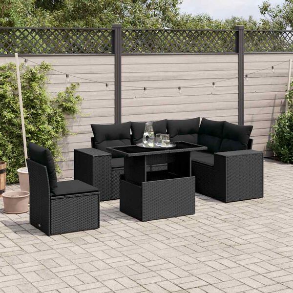 vidaXL 6-delige Loungeset met kussens poly rattan zwart
