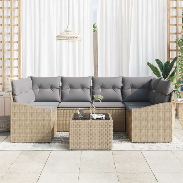 vidaXL Bankstel met kussen met opslag 7 pcs Beige en Grijs poly rattan