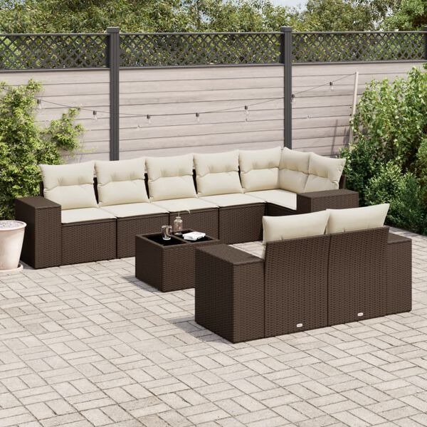 vidaXL 9-delige Loungeset met kussens poly rattan bruin