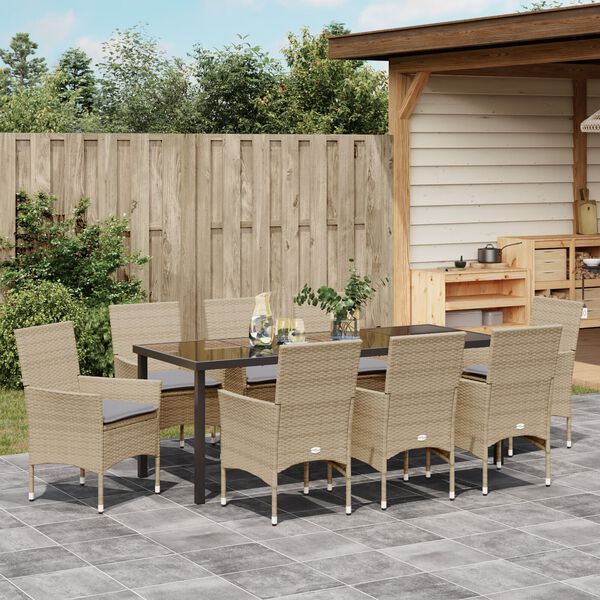 vidaXL Tuin eettafelset met kussen 9 pcs Beige poly rattan