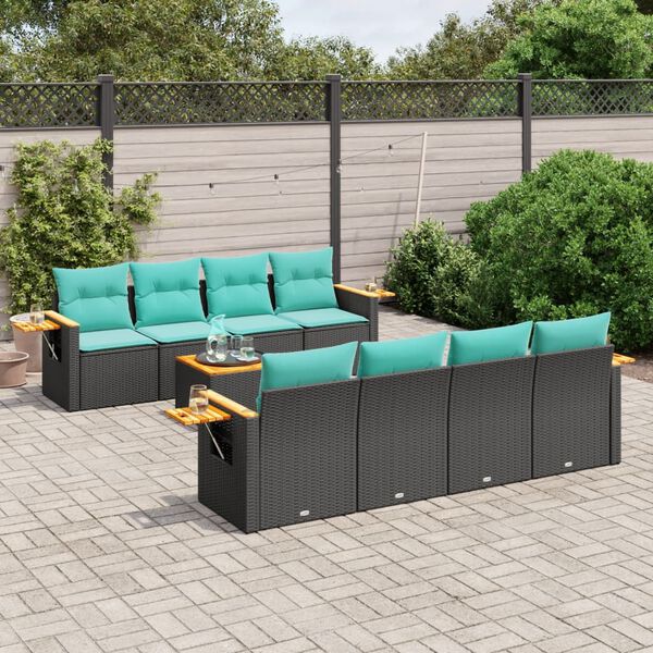 vidaXL 9-delige Loungeset met kussens poly rattan zwart