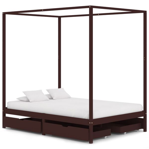 vidaXL Hemelbedframe met 4 lades grenenhout donkerbruin 140x200 cm