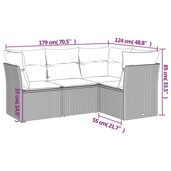 vidaXL 4-delige Loungeset met kussens poly rattan grijs