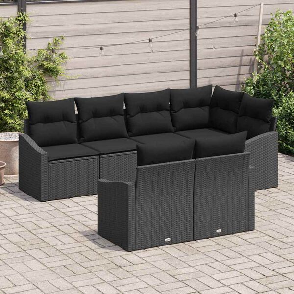 vidaXL Tuinbankenset met kussen met opslag 7 pcs Zwart poly rattan