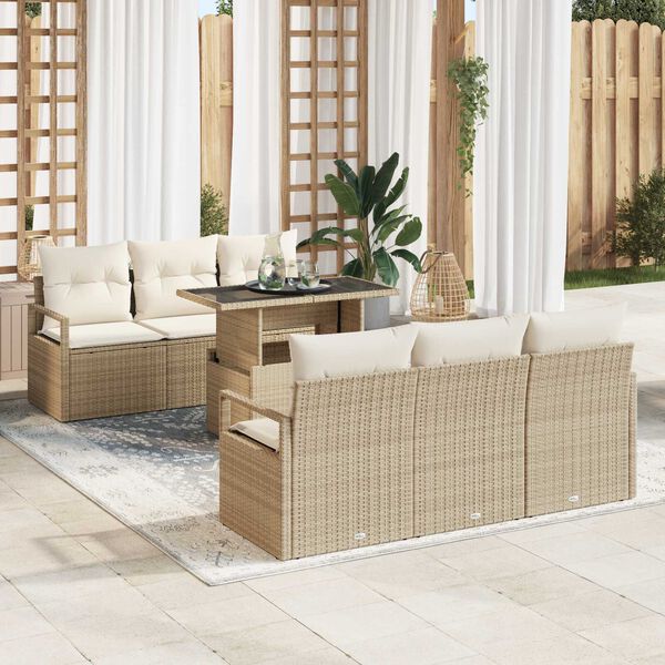 vidaXL Tuin Sofa Set met kussen met opslag 7 pcs Beige Poly riet