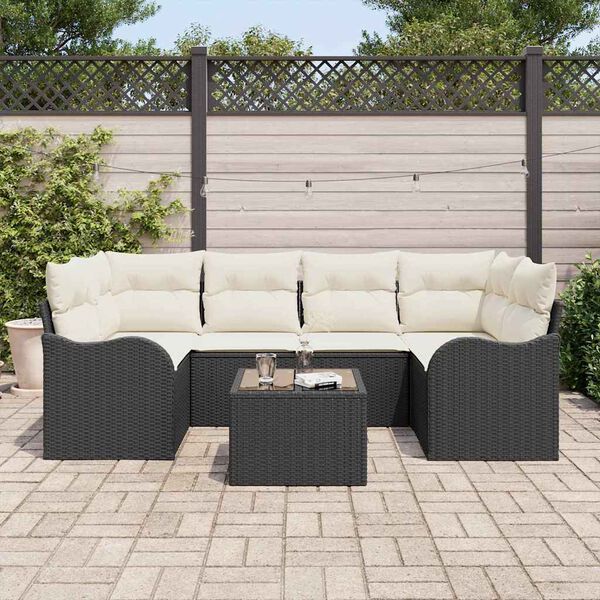 vidaXL Tuin Sofa Set 7 pcs Zwart en Cr&egrave;me Poly rattan, staal en glas