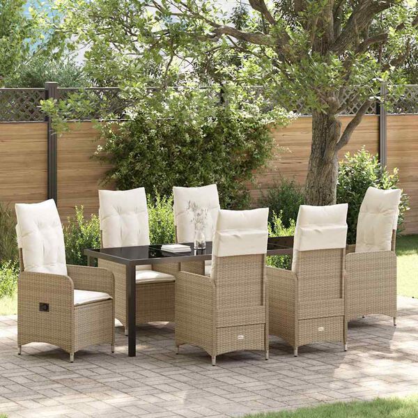 vidaXL Tuin eettafelset met kussen 7 pcs Beige poly rattan