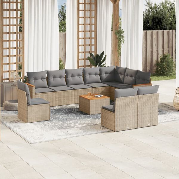 vidaXL 11-delige Tuinset met kussens poly rattan beige