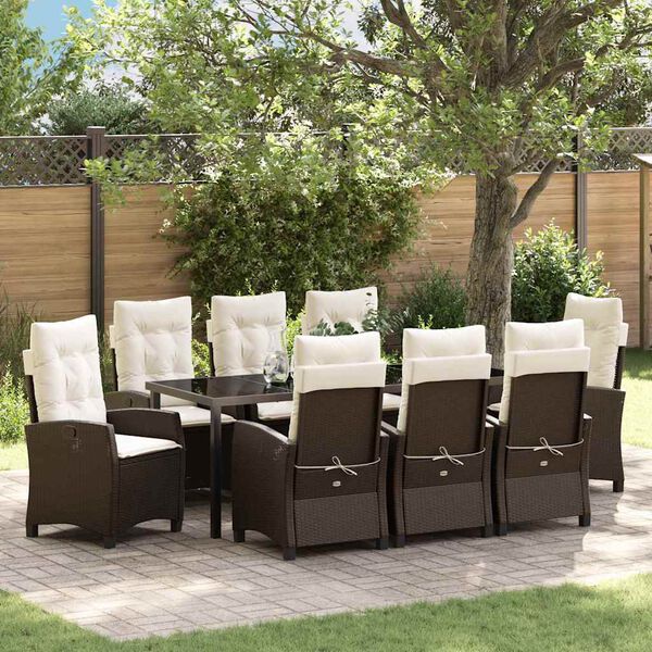 vidaXL Tuin eettafelset met kussen 9 pcs Bruin poly rattan