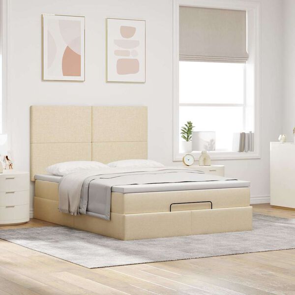vidaXL Ottoman bed met matras en LED's 140x200cm stof cr&egrave;mekleurig