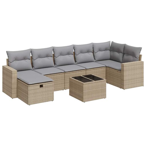 vidaXL 8-delige Loungeset met kussens poly rattan beige