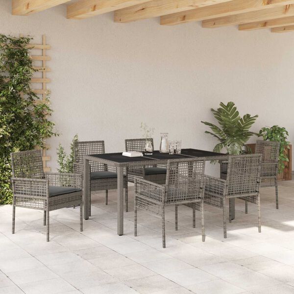 vidaXL Tuin eettafelset 7 pcs Grijs poly rattan