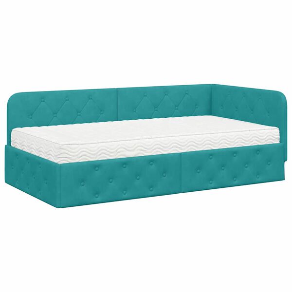vidaXL Hoekbedframe met matras Turquoise 100 x 200 cm Fluweel