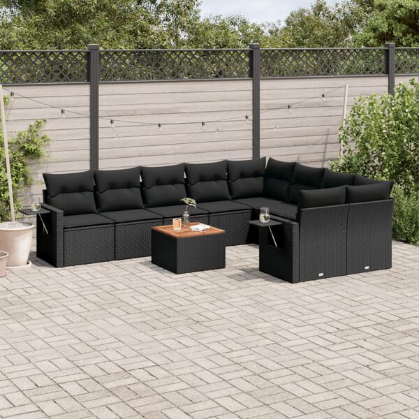 vidaXL 10-delige Loungeset met kussens poly rattan zwart