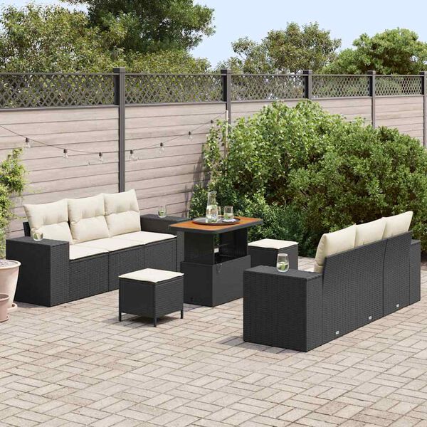 vidaXL Tuin Sofa Set met kussen 9 pcs Zwart en Cr&egrave;me Poly Rattan
